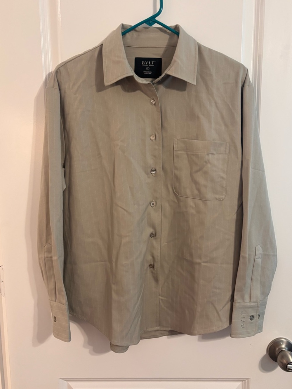BYLT Shirt Men Sz S Premium Basics Striped Long Sleeve Stretch Tan Lightweight